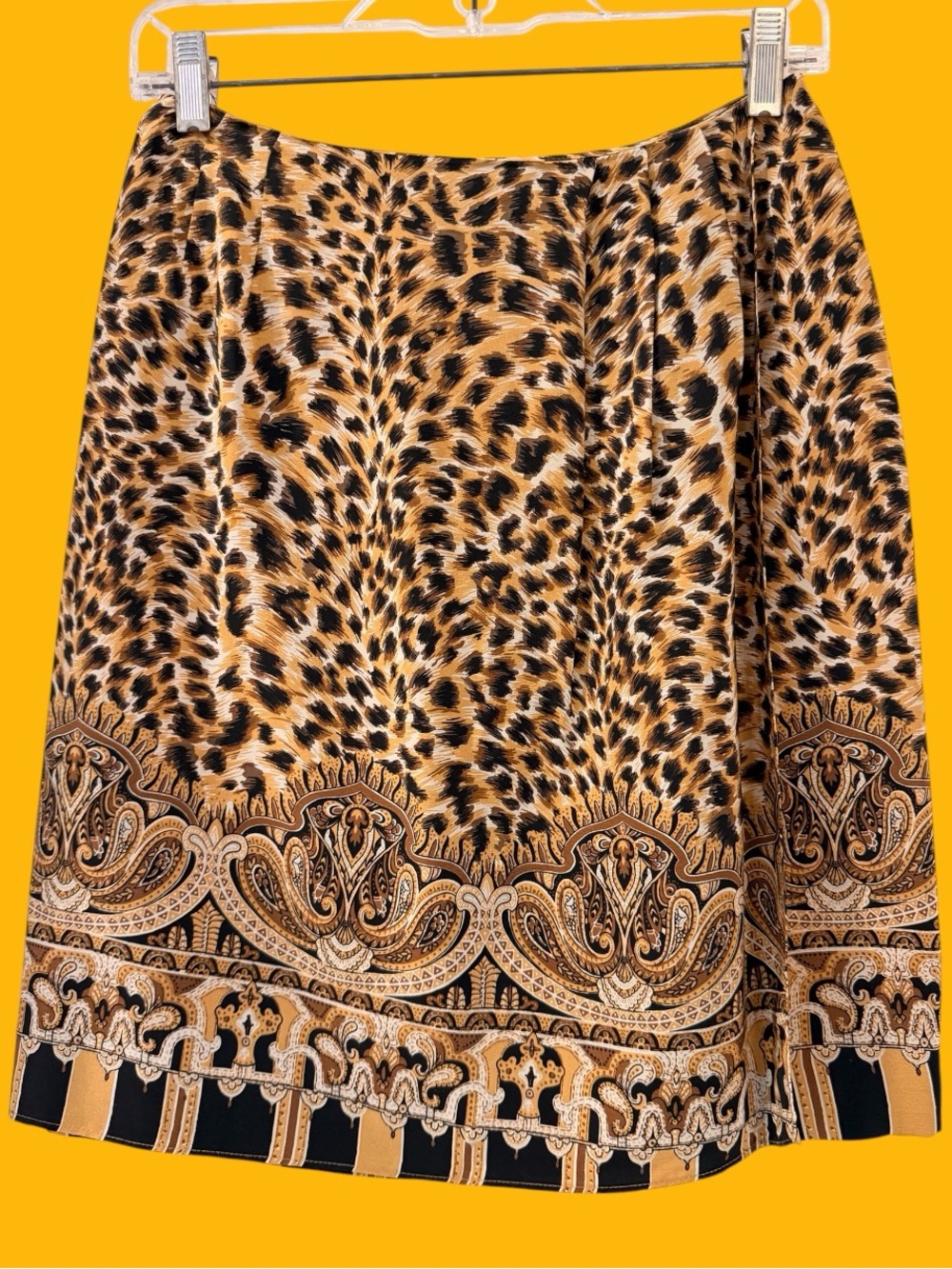 Peter Martin Leopard Print Silk Faux Wrap Skirt, Black, Brown, Gold, Lined, Sz 6